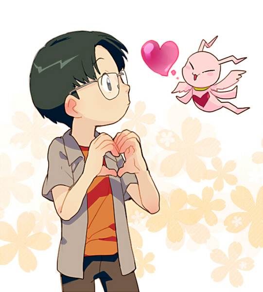 1boy, angel, antennae, commentary_request, curtained_hair, digimon, digimon_tamers, glasses