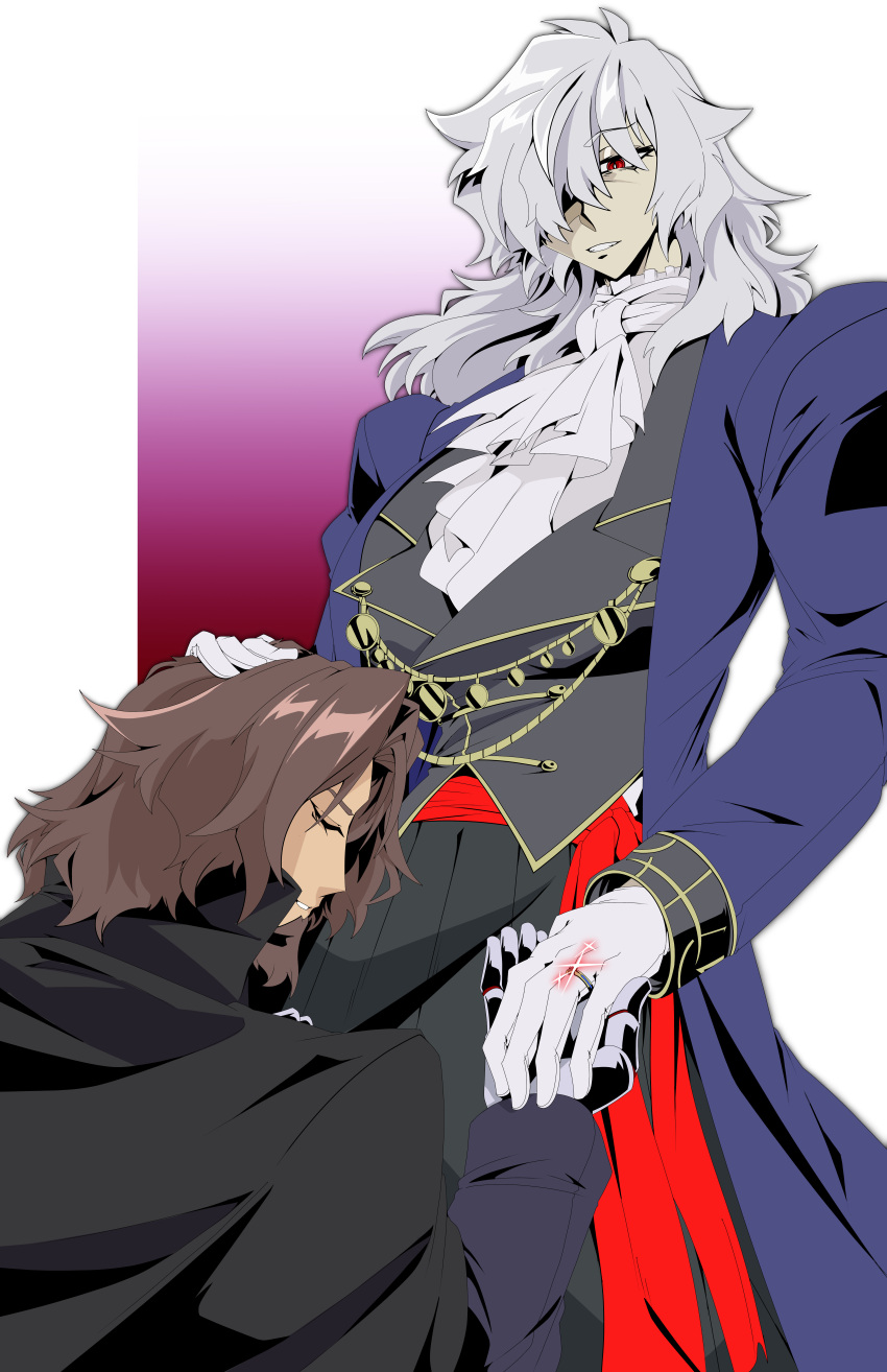 1boy, 1girl, absurdres, andoryu_anzuru, ascot, black_cape, black_coat, black_skirt, blue_coat, breasts, brown_hair, cape, closed_eyes, coat, commission, formal_clothes, genderswap, genderswap_(mtf), gloves, hair_over_one_eye, hand_on_another's_head, highres, holding_hands, huge_breasts, jewelry, light_smile, long_skirt, looking_at_another, marriage_proposal, medium_hair, messy_hair, oc_x_canon, open_clothes, open_coat, pale_skin, red_eyes, ring, skirt, tsukihime, tsukihime_(remake), vampire, vlov_arkhangel, wedding_ring, white_gloves, white_hair