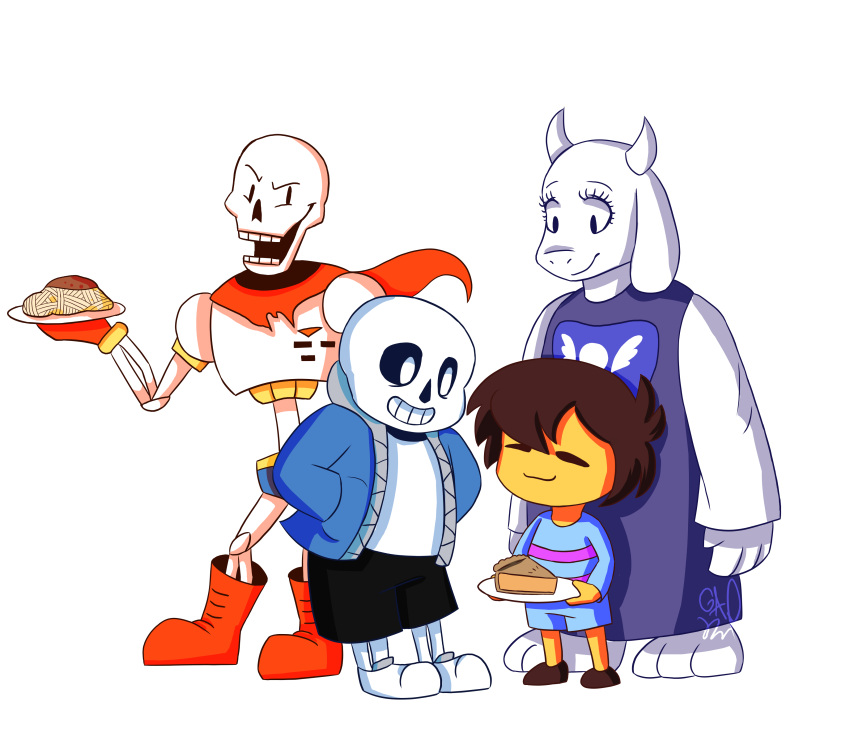 1girl, 1other, 2015, 2boys, 2d, absurdres, ambiguous_gender, animal_ears, anthro, armor, barefoot, black_shorts, blue_jacket, blue_romper, blue_shorts, body_fur, boots, brothers, brown_hair, brown_shoes, child, commentary, delta_rune_(symbol), delta_rune_print, digital_media, double_horizontal_stripe, droopy_ears, english_commentary, fangs, female, floppy_ears, food, frisk_(undertale), full_body, furry, furry_female, gameaddict1234, gloves, goat, goat_ears, goat_girl, goat_horns, grey_hood, hands_in_pockets, height_difference, highres, holding, holding_food, holding_plate, hollow_eyes, hood, hood_down, hooded_jacket, horizontal-striped_clothes, horns, human, humanoid, jacket, long_sleeves, male, mammal, monster, monster_boy, monster_girl, multiple_boys, open_clothes, open_jacket, papyrus_(undertale), pasta, pastry, pie, pink_stripes, plate, purple_robe, red_boots, red_gloves, red_scarf, robe, romper, sans_(undertale), scarf, shirt, shoes, short_hair, shorts, siblings, simple_background, skeleton, spaghetti, standing, striped_clothes, striped_romper, teeth, toriel, transparent_background, two-tone_romper, undead, undertale, utdr_(toby_fox), white_armor, white_fur, white_horns, white_shirt, white_shoes, white_sleeves, white_stripes
