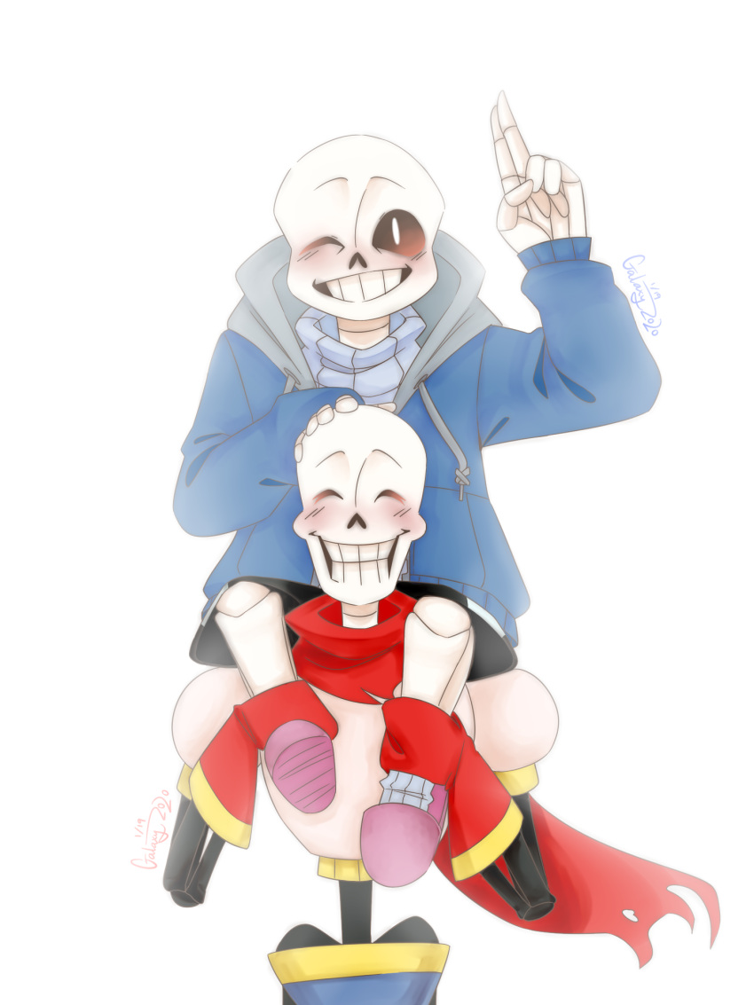 2020, 2boys, 2d, arm_up, artist_name, black_shorts, blue_jacket, carrying, carrying_person, closed_eyes, dated, digital_media, drawstring, duo, galaxy975, grey_hood, grey_sweater, hand_on_another's_head, highres, hollow_eyes, hood, hood_down, hooded_jacket, humanoid, jacket, long_sleeves, male, male_focus, male_only, monster, monster_boy, multiple_boys, one_eye_closed, open_clothes, open_jacket, pink_slippers, sans_(undertale), shorts, shoulder_carry, signature, simple_background, single_vertical_stripe, sitting, sitting_on_person, skeleton, slippers, socks, straight-on, striped_shorts, sweater, teeth, undead, undertale, upper_body, utdr_(toby_fox), v, vertical-striped_clothes, vertical-striped_shorts, white_background, white_socks, white_stripes