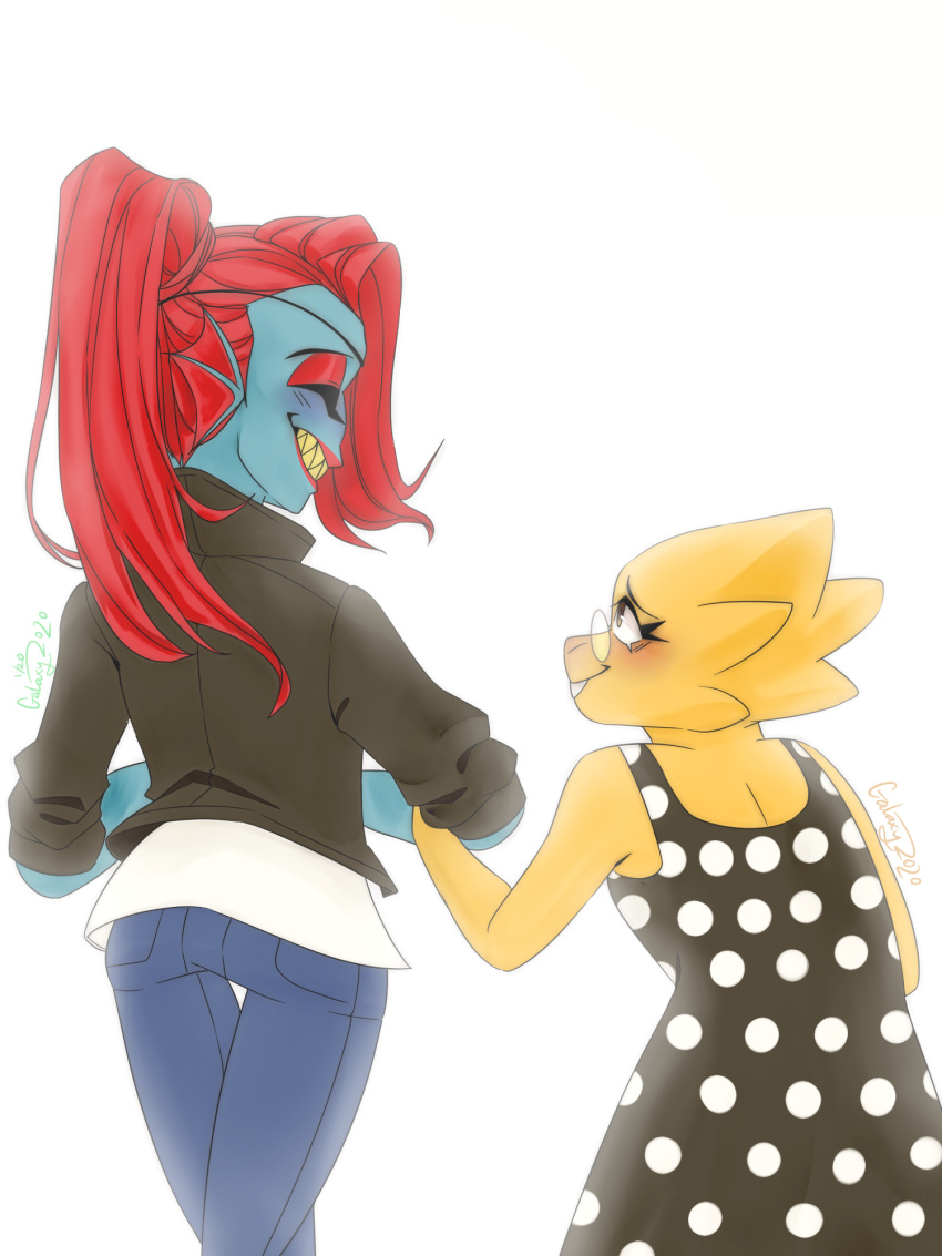 2020, 2d, 2girls, alphys, alternate_costume, anthro, arm_grab, artist_name, back, black_dress, black_eyepatch, black_jacket, blue_pants, blue_skin, buck_teeth, closed_eyes, colored_sclera, colored_skin, colored_teeth, cowboy_shot, dated, digital_media, dinosaur, dinosaur_girl, dress, ear_fins, eyepatch, facing_another, female, female_only, fins, fish, fish_girl, from_behind, galaxy975, glasses, grin, head_fins, height_difference, high_ponytail, highres, jacket, lizard, lizard_girl, long_hair, looking_at_another, monster, monster_girl, multiple_girls, official_alternate_costume, pants, polka_dot, polka_dot_dress, ponytail, red_hair, reptile, reptile_girl, scalie, sharp_teeth, shirt, signature, simple_background, sleeveless, sleeveless_dress, slit_pupils, smile, teeth, undertale, undyne, utdr_(toby_fox), white_background, white_shirt, yellow_sclera, yellow_skin, yellow_teeth