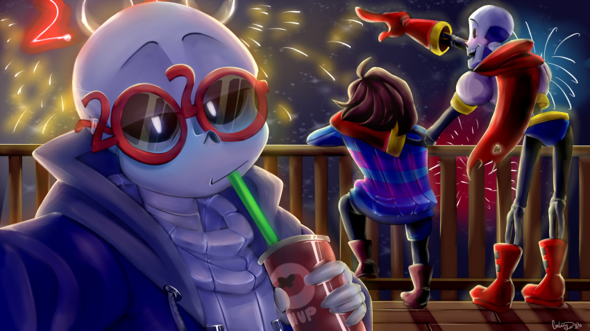 1other, 2020, 2d, aerial_fireworks, ambiguous_gender, ankle_boots, armor, artist_name, blue_jacket, blue_shorts, blue_sweater, boots, brothers, brown_boots, brown_hair, can, cape, child, digital_media, double_horizontal_stripe, drinking, drinking_straw, fireworks, frisk_(undertale), galaxy975, gloves, grey_hood, grey_sweater, half-closed_eyes, hand_on_another's_shoulder, height_difference, holding, holding_can, hollow_eyes, hood, hood_down, hooded_jacket, horizontal-striped_clothes, human, humanoid, jacket, long_sleeves, looking_at_viewer, male, male_focus, monster, monster_boy, new_year, night, night_sky, open_clothes, open_jacket, outdoors, papyrus_(undertale), pink_stripes, pointing, pointing_forward, railing, red-framed_eyewear, red_boots, red_cape, red_gloves, round_eyewear, sans_(undertale), selfie, short_hair, shorts, siblings, signature, skeleton, sky, solo_focus, striped_clothes, striped_sweater, sweater, teeth, tinted_eyewear, two-tone_sweater, undead, undertale, utdr_(toby_fox), white_armor