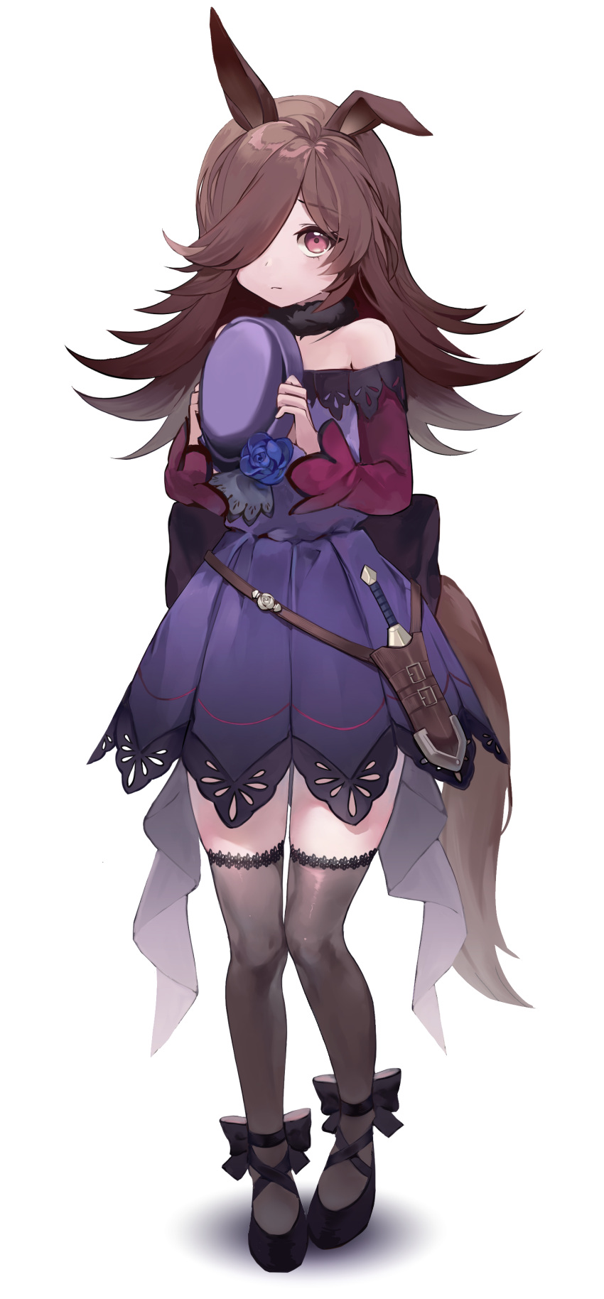 1girl, absurdres, animal_ears, bare_shoulders, black_thighhighs, blue_dress, blue_flower, brown_hair