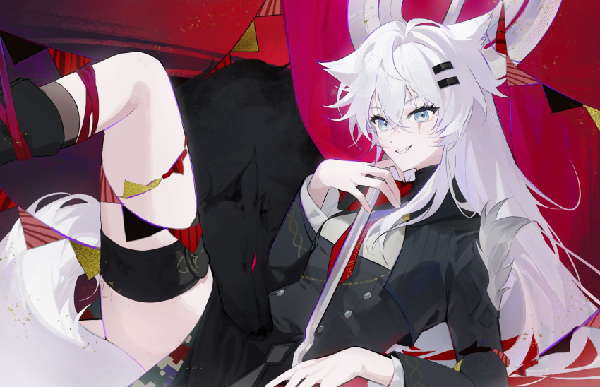 1girl, animal_ears, arknights, belt, black_jacket, black_skirt, clenched_teeth, cropped_jacket
