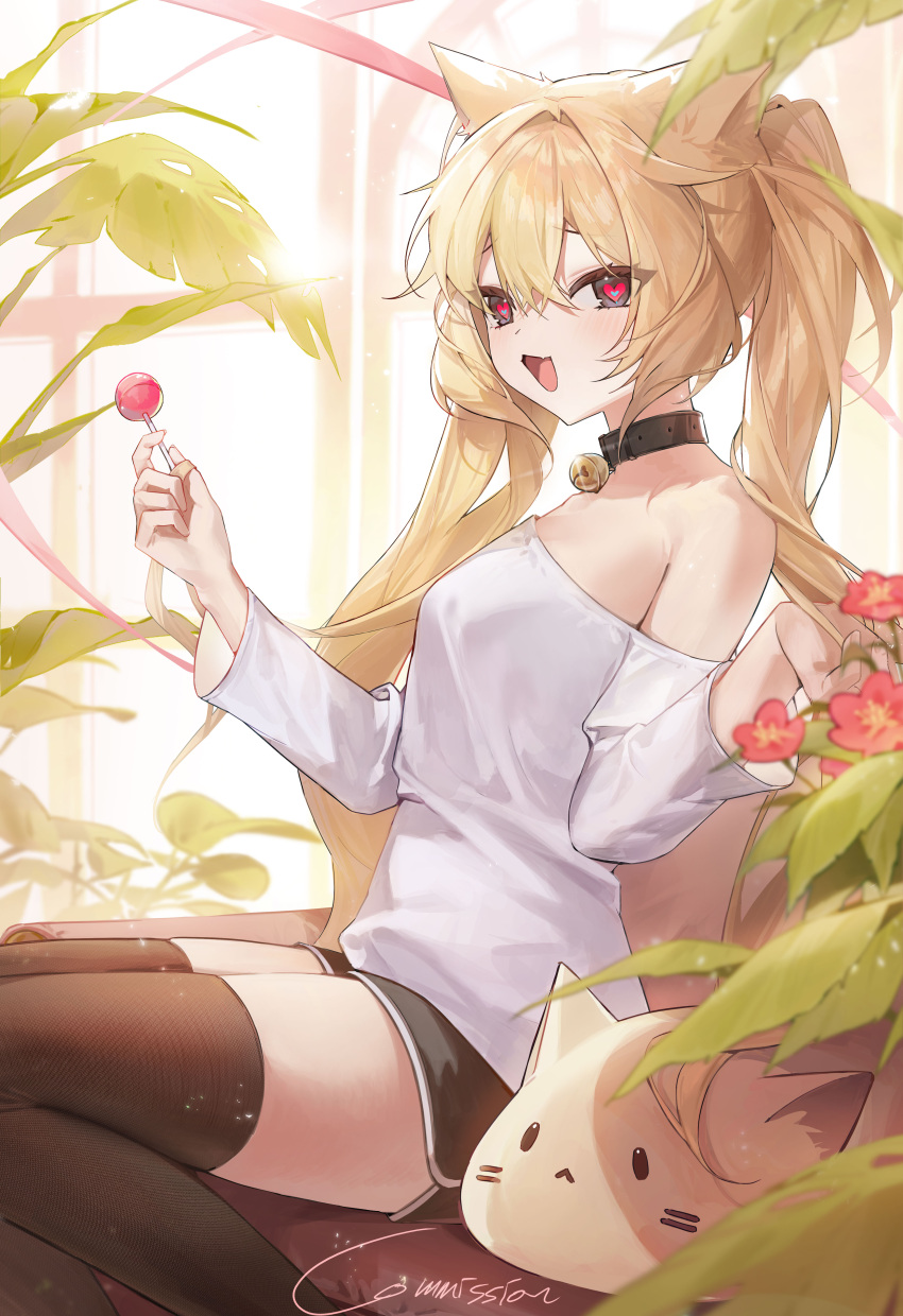 1girl, absurdres, animal_ears, bare_shoulders, bell, black_collar, black_eyes, black_shorts
