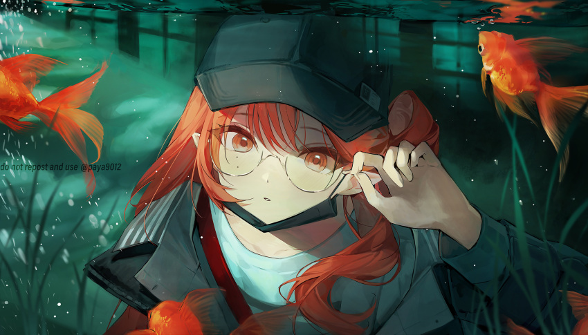 1girl, arknights, baseball_cap, black_hat, black_jacket, commentary_request, fish, haruka_(arknights)