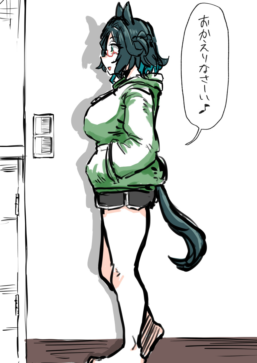 1girl, absurdres, animal_ears, barefoot, black_pants, breasts, commentary_request, green_eyes, green_hair, green_hoodie, hand_in_pocket, highres, hood, hoodie, horse_ears, horse_girl, horse_tail, kiseki_(umamusume), large_breasts, legs, panties, pants, red-framed_eyewear, semi-rimless_eyewear, short_shorts, shorts, smile, speech_bubble, tail, thighs, tikusen1216, umamusume, underwear