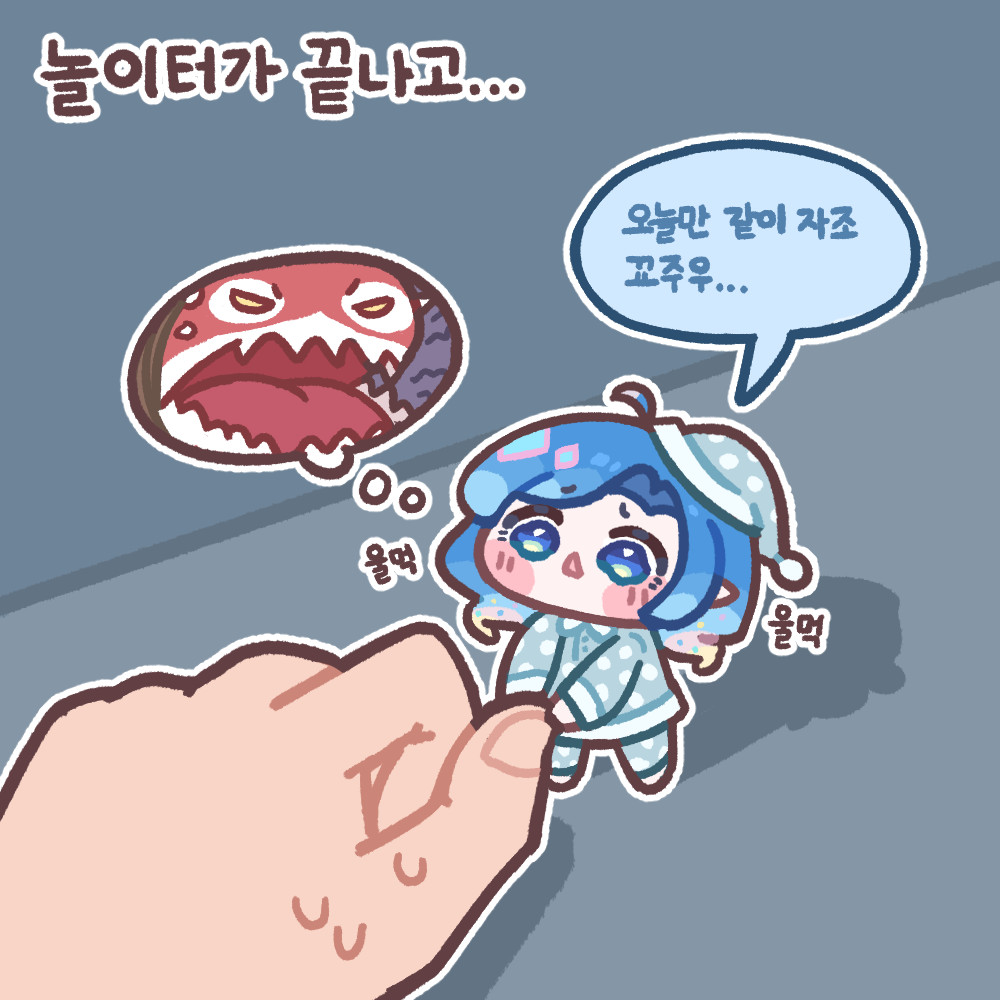 1girl, asia_(trickcal), blue_background, blue_eyes, blue_hair, chibi, commentary_request, hat