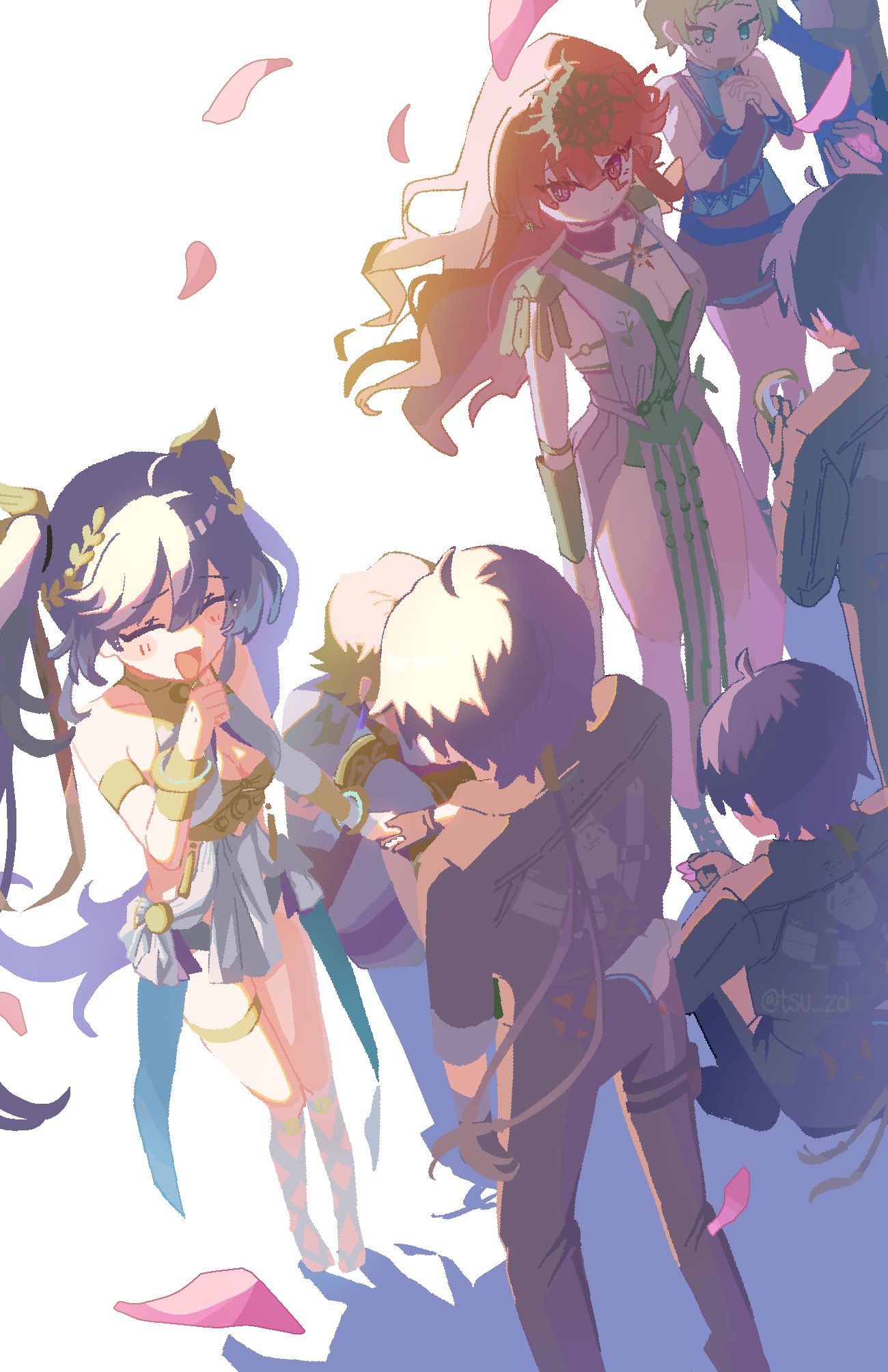 1boy, 3girls, ancient_greek_clothes, armlet, armor, augusta_(wuthering_waves), avidius_(wuthering_waves), black_hair, black_jacket, blue_hair, breastplate, breasts, closed_eyes, dress, gold_bra, greco-roman_clothes, hand_up, headgear, highres, holding, iuno_(wuthering_waves), jacket, jewelry, laurel_crown, long_hair, looking_at_another, male_rover_(wuthering_waves), medium_breasts, multiple_girls, npc_(wuthering_waves), open_mouth, pangu_terminal_(wuthering_waves), petals, pink_petals, red_eyes, rover_(wuthering_waves), simple_background, smile, standing, time_paradox, tsu_zd, twintails, white_background, white_dress, wuthering_waves