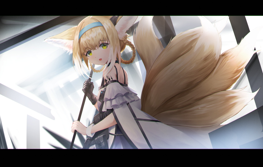 1girl, absurdres, animal_ear_fluff, animal_ears, arknights, black_gloves, blonde_hair, blue_hairband