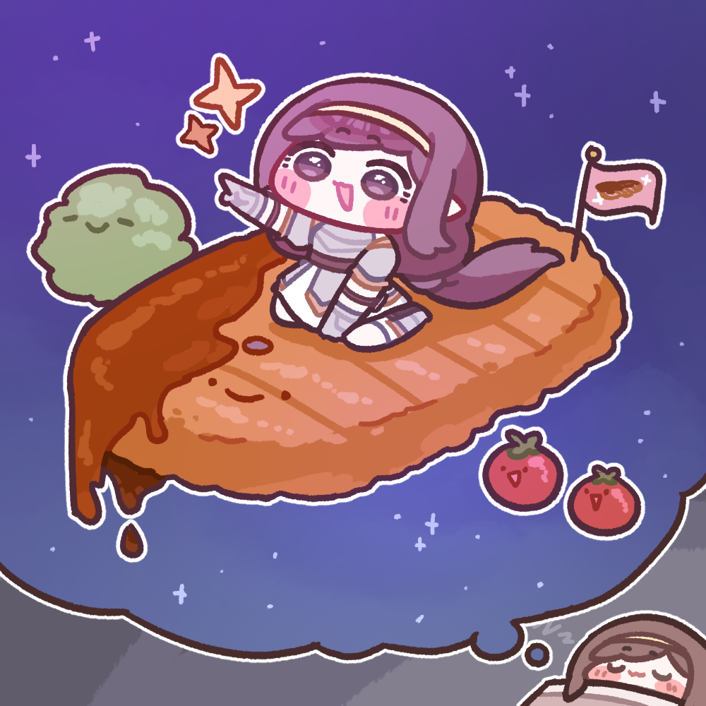 1girl, armor, broccoli, cherry_tomato, chibi, commentary_request, dreaming, food