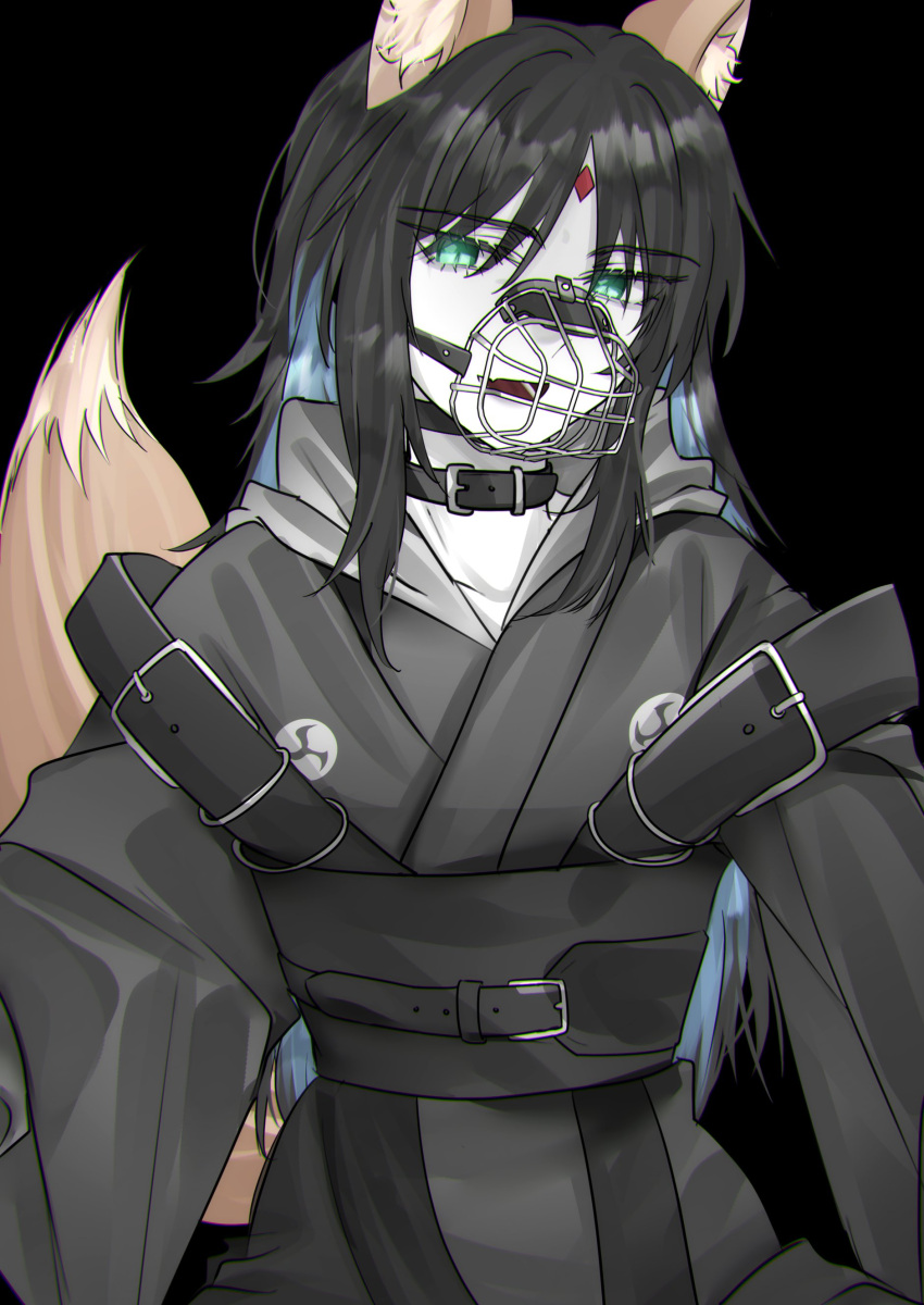 1girl, absurdres, animal_ears, b_lt, black_background, black_hair, black_kimono, blue_hair, cho_kaguya-hime!, colored_inner_hair, commentary, fang, forehead_jewel, fox_ears, fox_girl, fox_tail, green_eyes, highres, japanese_clothes, kimono, long_hair, multicolored_hair, muzzle_(mask), open_mouth, sakayori_iroha, simple_background, skin_fang, solo, tail