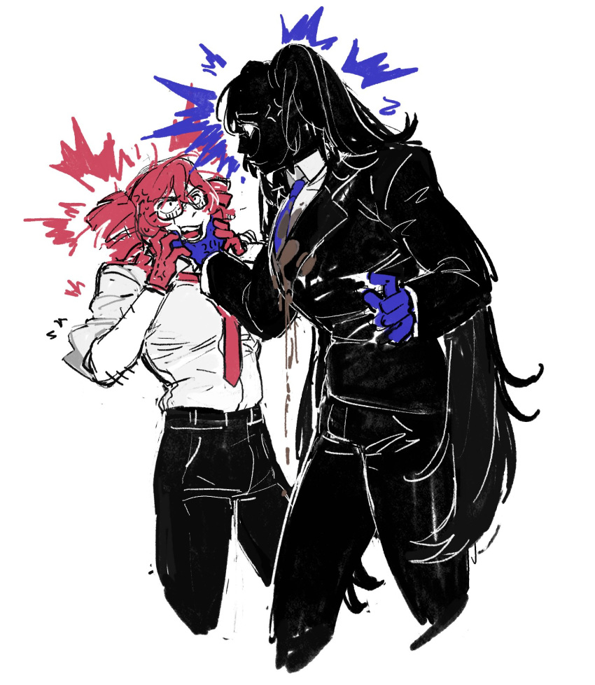 2girls, abel_(abel99519356), anger_vein, angry, another_cup_(synthesizer_v), black_suit, blue_gloves, blue_necktie, coffee, coffee_stain, collared_shirt, cowboy_shot, cropped_legs, dress_shirt, drill_hair, gift_art, glasses, gloves, grabbing_another's_chin, hand_on_another's_chin, hatsune_miku, highres, kasane_teto, long_hair, looking_at_another, masculine_woman, multiple_girls, necktie, pink_gloves, pink_hair, pink_necktie, second-party_source, shirt, suit, twin_drills, twintails, very_long_hair, white_shirt, yuri