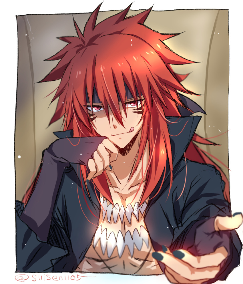 1boy, :q, abs, akatsuki_(ggsy7885), black_coat, black_headband, black_nails, border