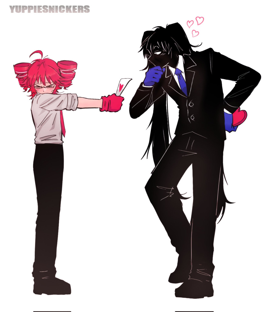 >_<, 2girls, ahoge, another_cup_(synthesizer_v), averting_eyes, black_hair, black_jacket, black_pants