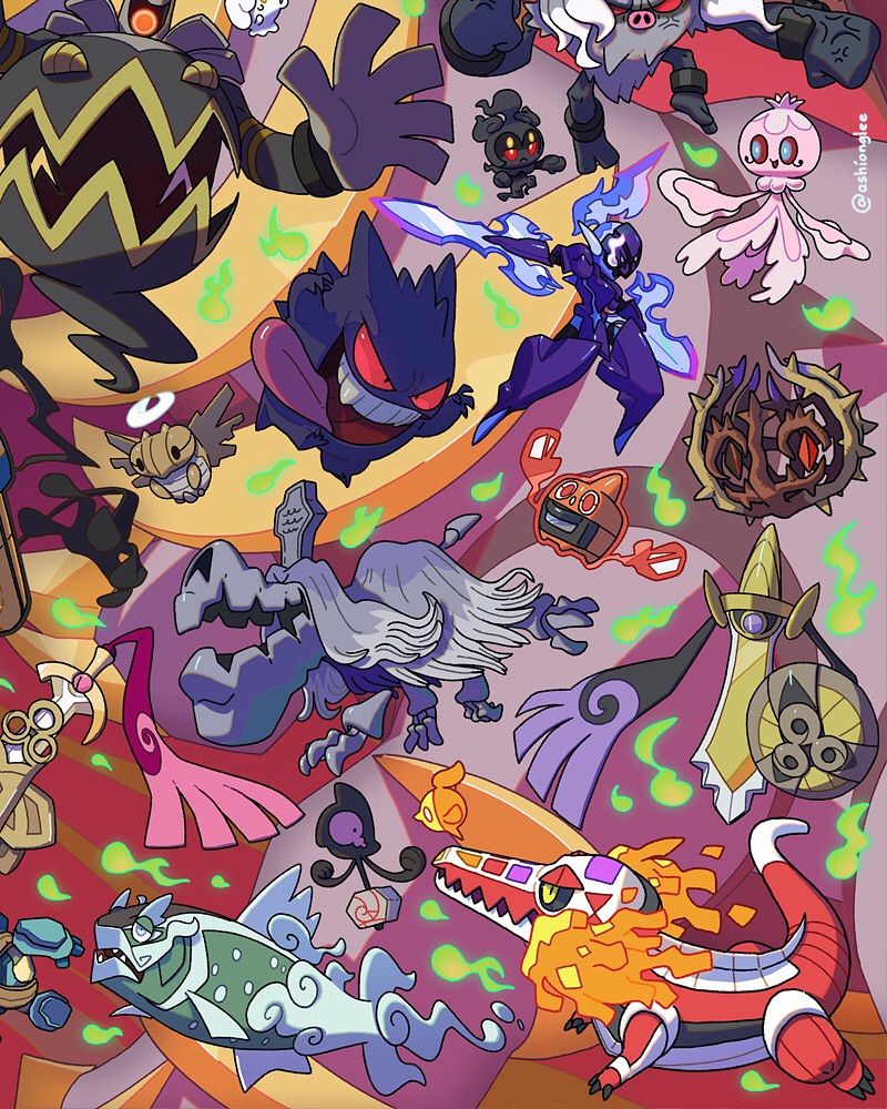 aegislash, annihilape, ashionglee, basculegion, basculegion_(female), black_sclera, blue_eyes, brambleghast