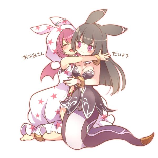 2girls, adoptive_parent_and_adoptive_child, animal_ears, black_dress, breasts, chokobanira, clothing_cutout, commentary_request