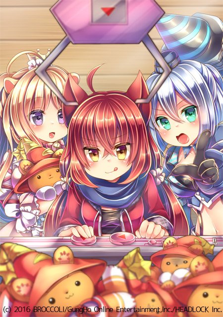2016, 3girls, ahoge, android, animal_ears, balloonpig_alma, black_bra, black_gloves
