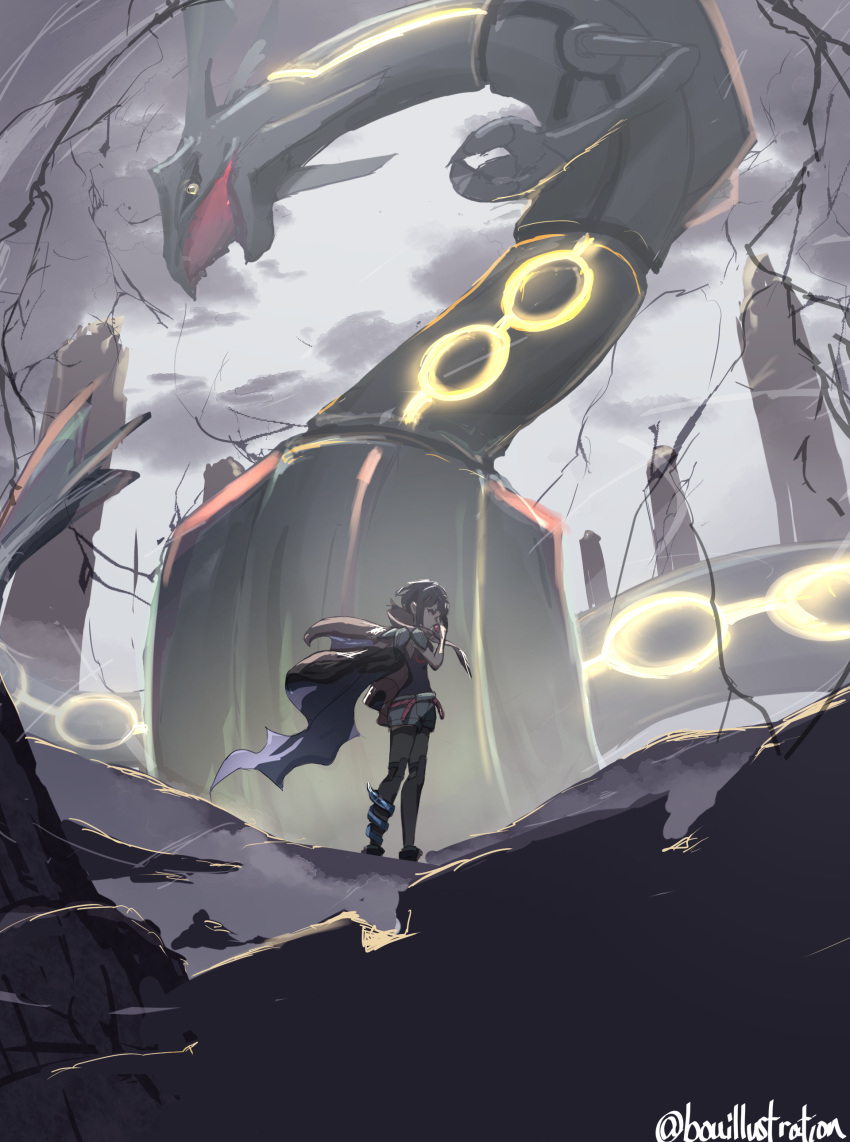 1girl, absurdres, alternate_color, black_hair, black_sclera, bo_(bouillustration), cape, claws