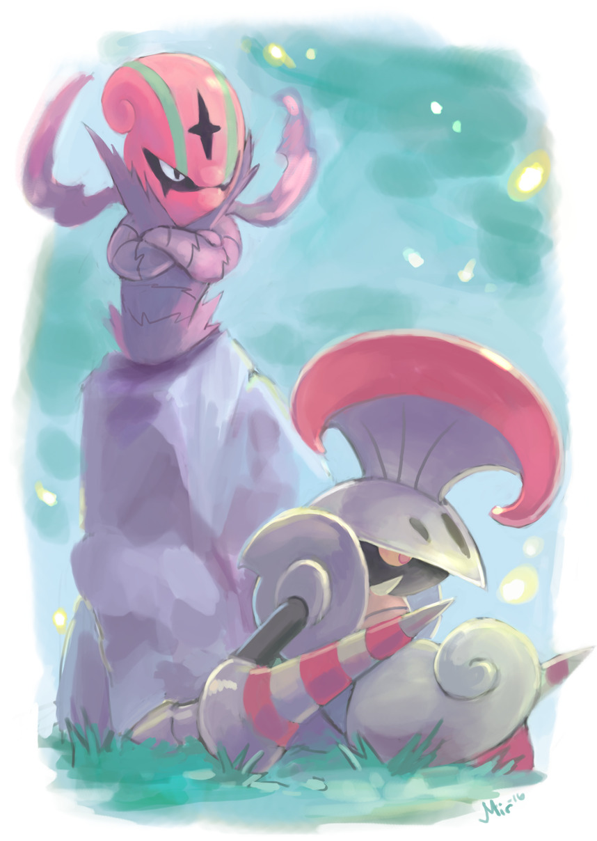 accelgor, escavalier, evolutionary_line, grass, highres, mira-rami, no_humans, pokemon, pokemon_(creature), rock