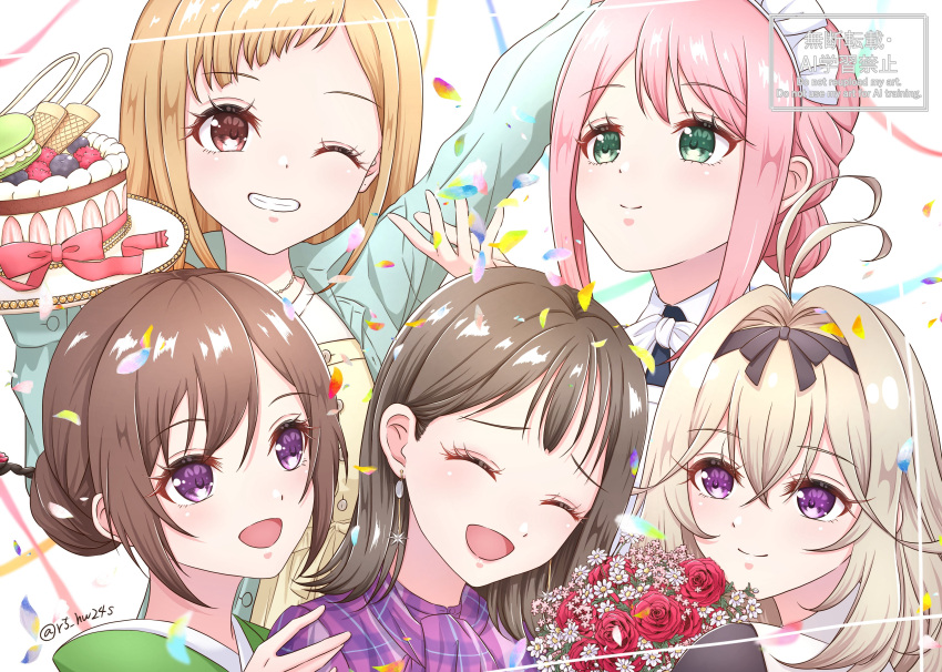 absurdres, antenna_hair, apron, birthday, black_dress, blonde_hair, blush, bouquet