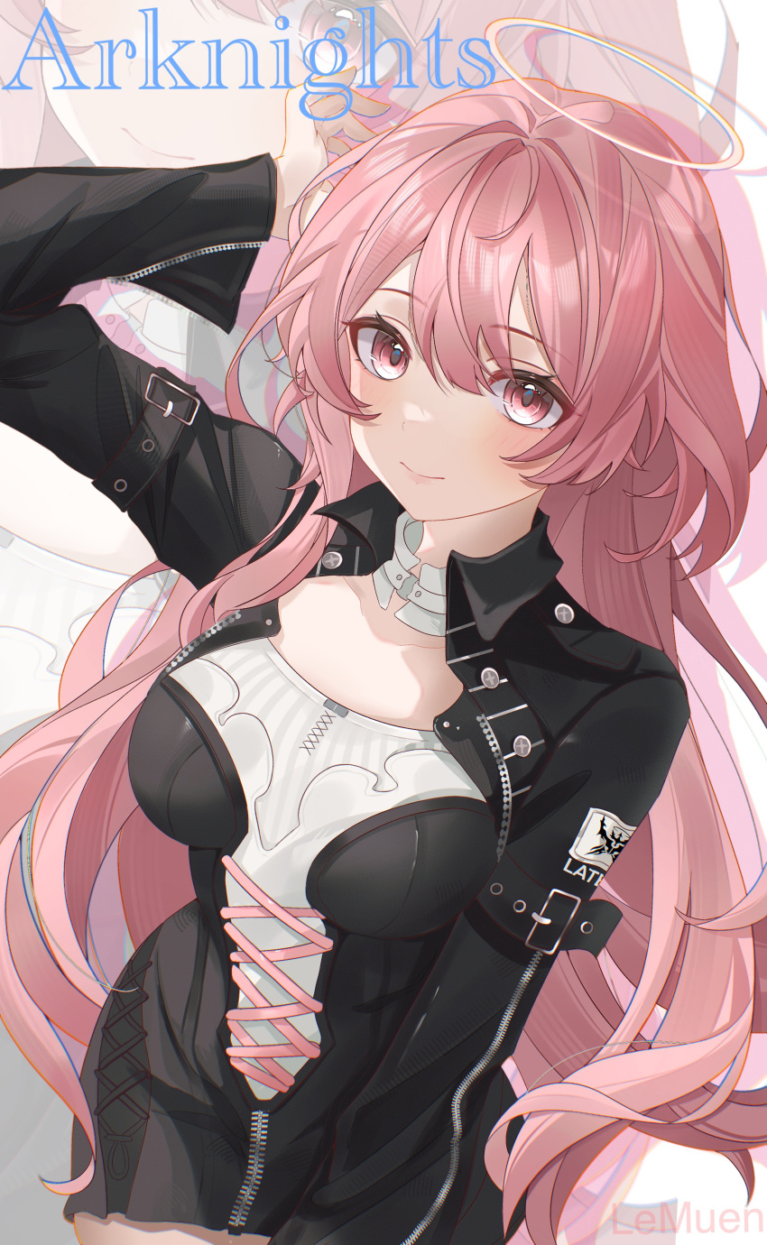 1girl, absurdres, arknights, arm_up, belt, belt_buckle, black_belt, black_jacket