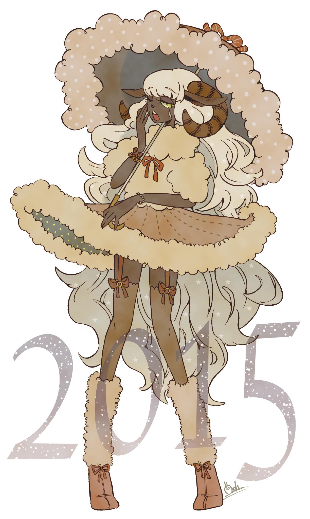 1girl, 2015, animal_ears, black_skin, boots, bracelet, brown_boots, chinese_zodiac