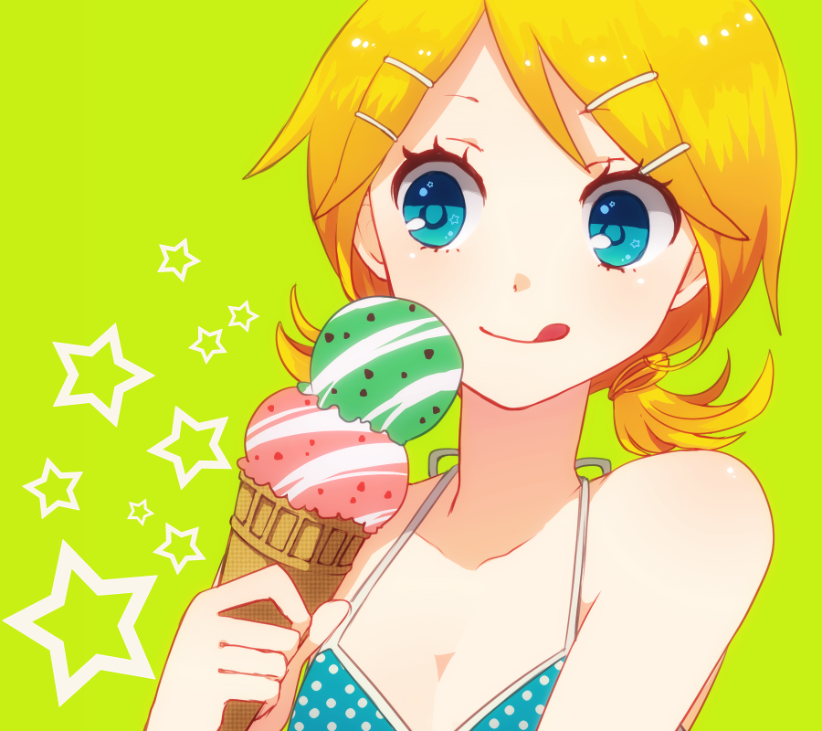 :q, aqua_eyes, blonde_hair, food, green, hair_ornament, hairclip, ice_cream