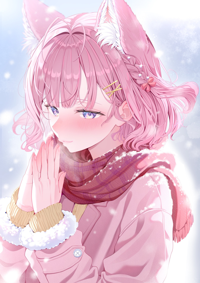 1girl, absurdres, animal_ears, antenna_hair, blush, braid, closed_mouth, coat