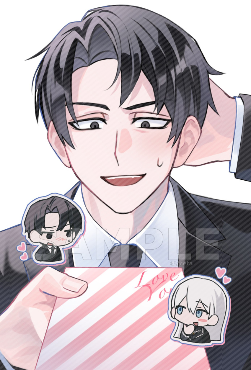 1boy, 1girl, 7ceta, angelica_(project_moon), arm_behind_head, black_necktie, blue_eyes, collared_shirt
