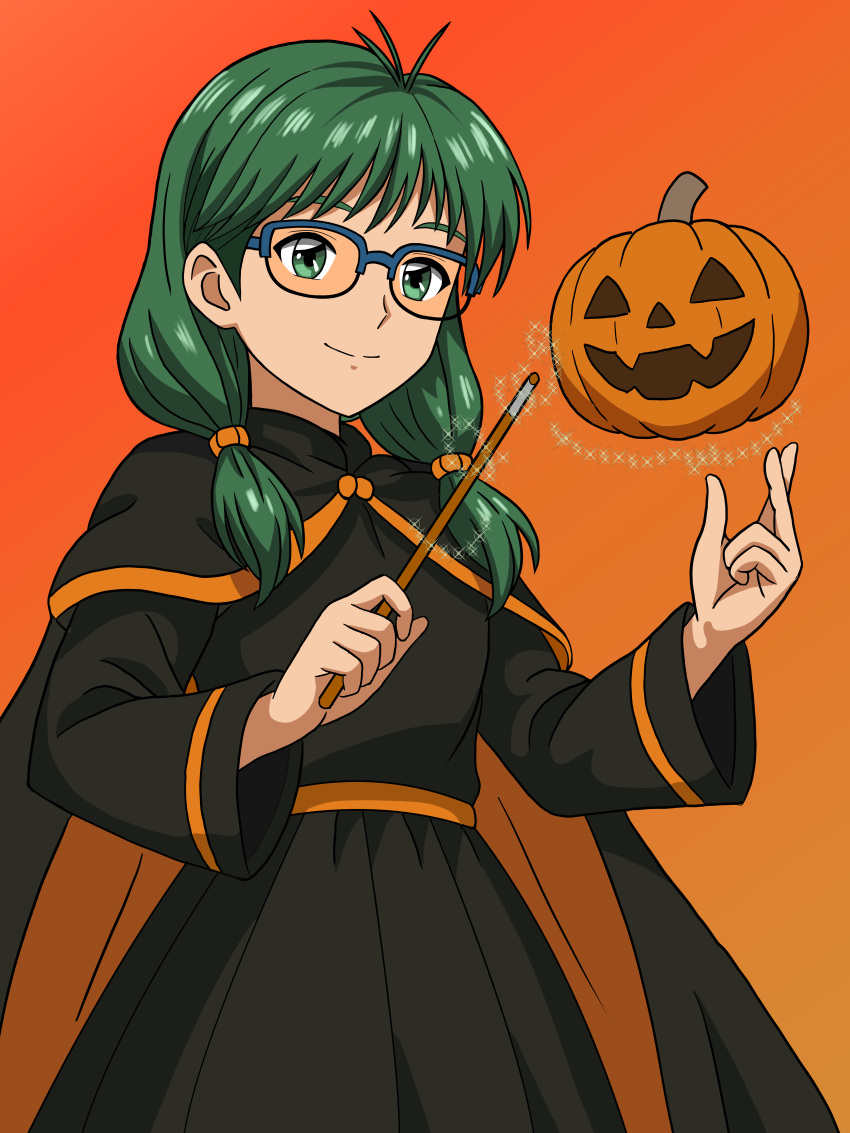 1girl, absurdres, bigtree, black_cape, black_dress, cape, commentary_request, dress, glasses, green_eyes, green_hair, highres, jack-o'-lantern, kisaragi_mio, long_hair, long_sleeves, orange_background, simple_background, smile, solo, standing, tokimeki_memorial, tokimeki_memorial_1, twintails, wand
