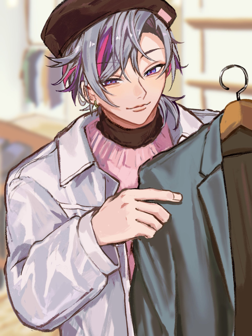 1boy, beret, closed_mouth, clothes_hanger, fuwa_minato, fuwa_minato_(7th_costume), grey_hair, grey_jacket