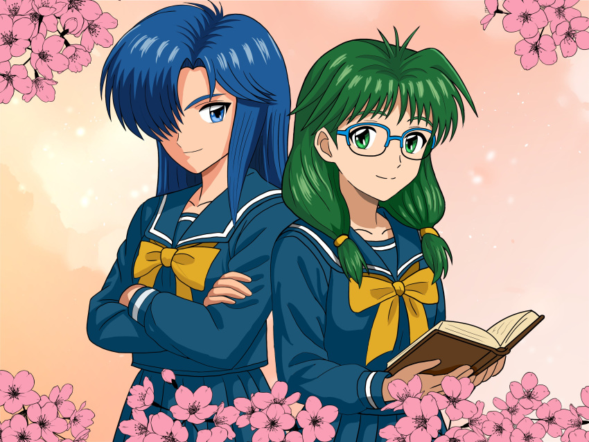 2girls, absurdres, bigtree, blue_eyes, blue_hair, blue_sailor_collar, blue_skirt, book, bow, cherry_blossoms, commentary_request, crossed_arms, glasses, green_eyes, green_hair, hair_over_one_eye, highres, himoo_yuina, kirameki_high_school_uniform, kisaragi_mio, long_hair, multiple_girls, open_book, sailor_collar, school_uniform, serafuku, skirt, smile, tokimeki_memorial, tokimeki_memorial_1, twintails, yellow_bow