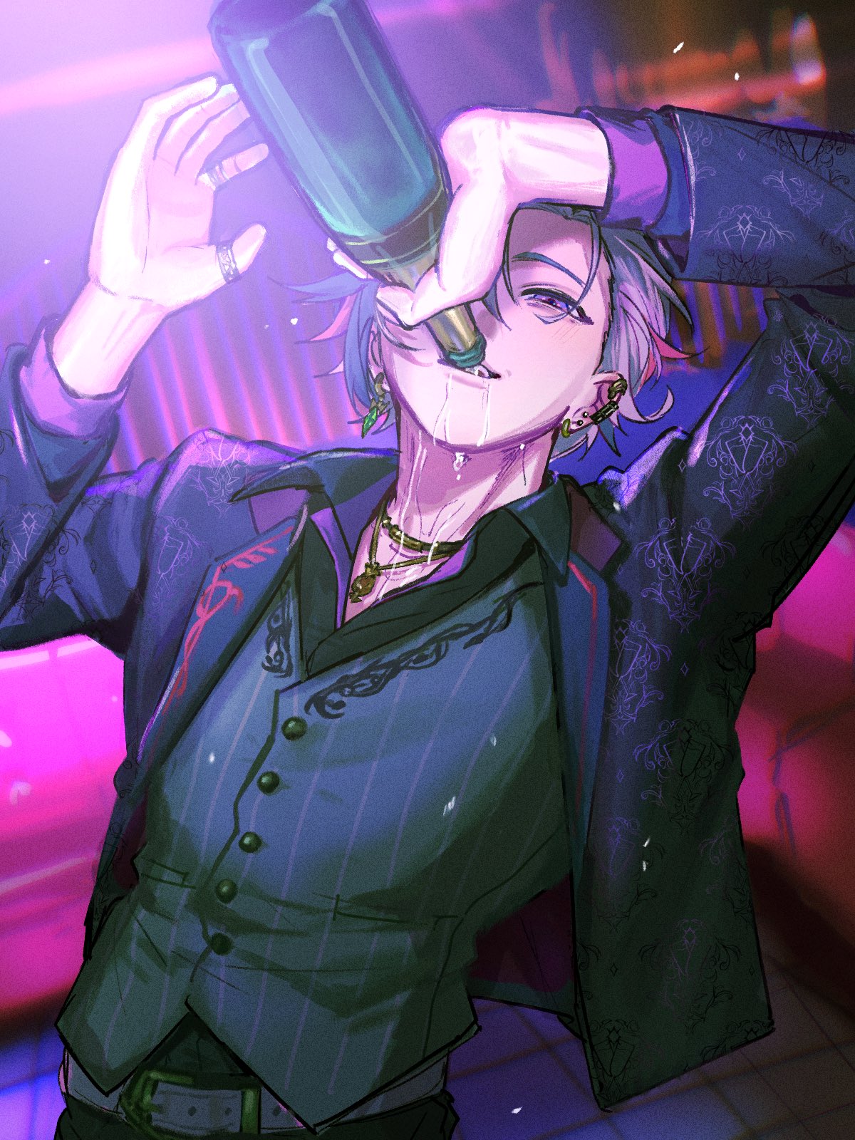 1boy, arms_up, black_jacket, bottle, drinking, ear_piercing, fuwa_minato, fuwa_minato_(2nd_costume)