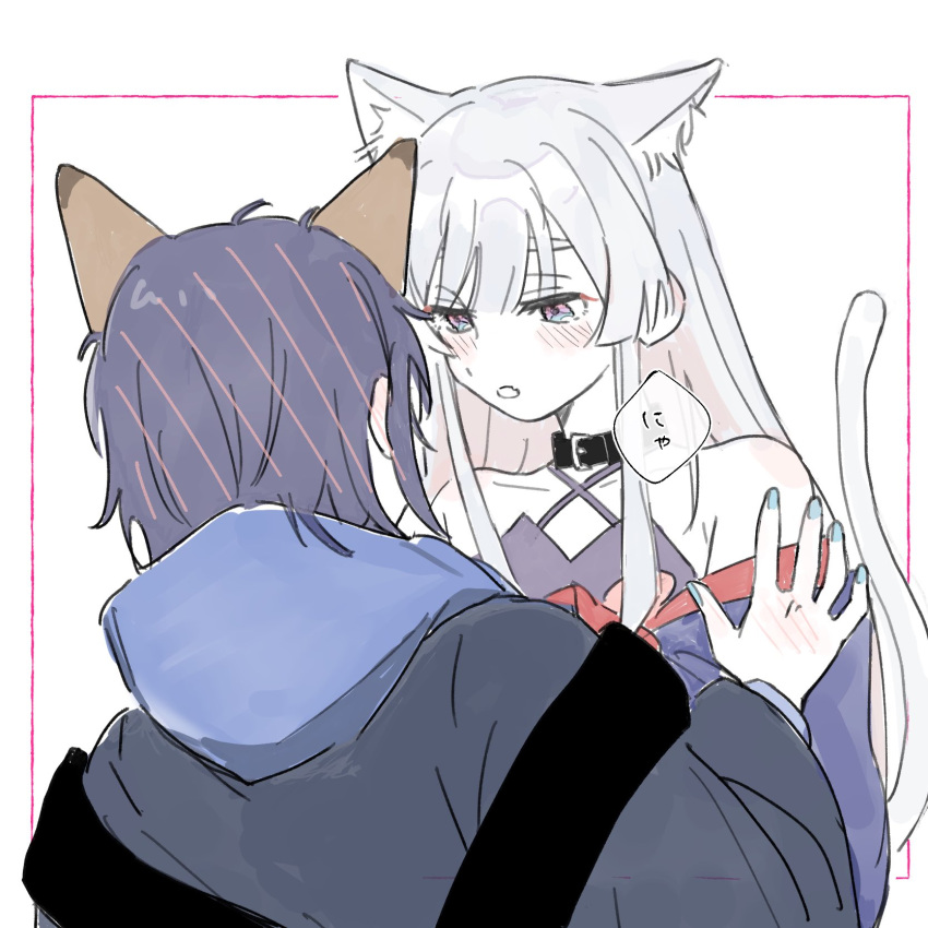 2girls, animal_ears, black_collar, blue_eyes, blue_hoodie, blue_kimono, blue_nails, blush