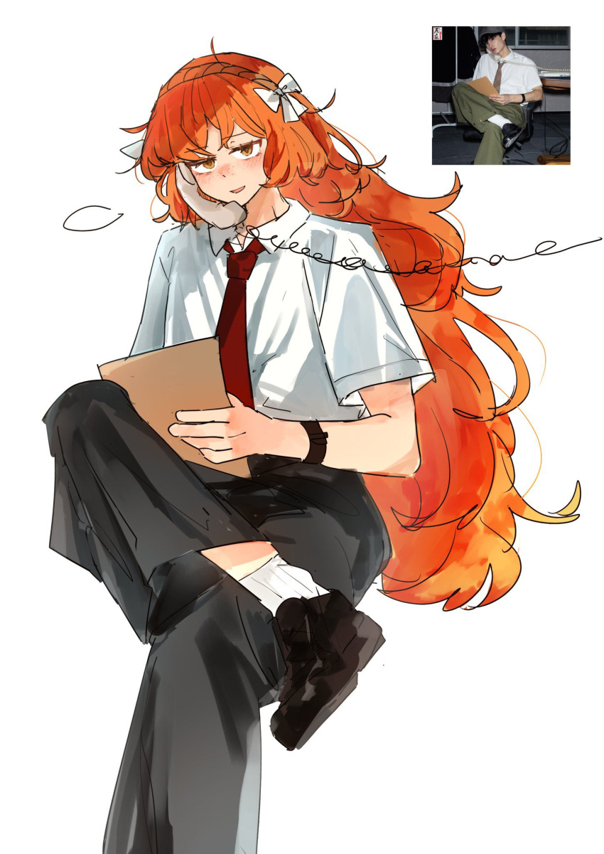 1girl, black_pants, bow, brown_hairband, collared_shirt, commentary, corded_phone, english_commentary