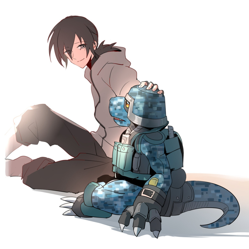 1boy, black_hair, black_pants, commandramon, commentary_request, digimon, digimon_(creature), digimon_beatbreak