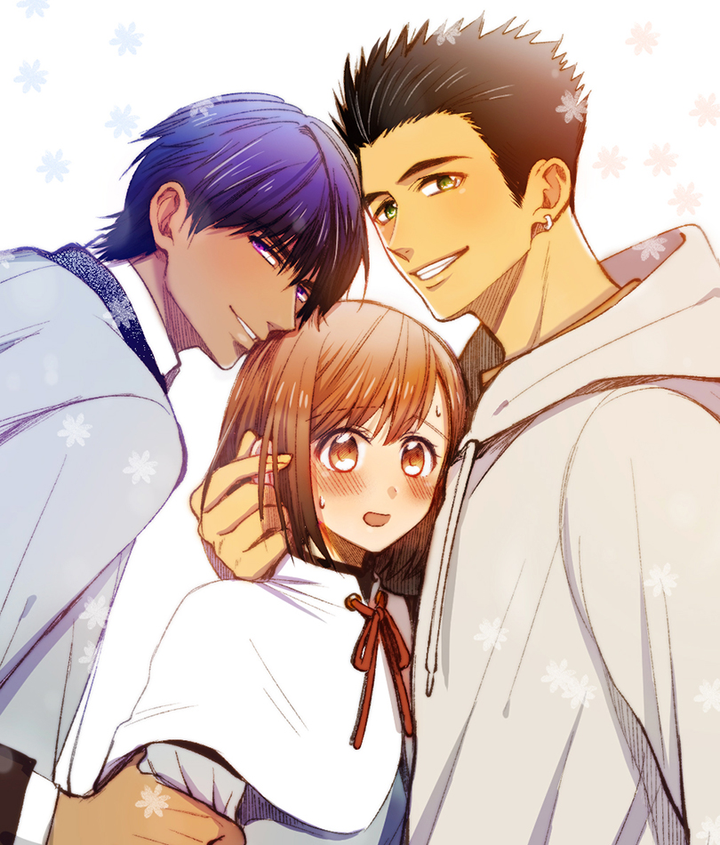 1girl, 2boys, black_hair, blue_hair, blush, brown_hair, capelet, chiroru