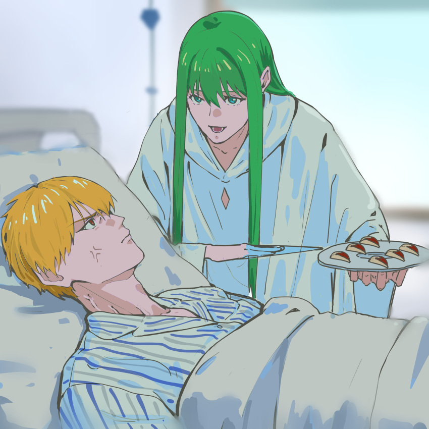1boy, 1other, absurdres, androgynous, anger_vein, aqua_eyes, bamboo51006575, bed, blonde_hair, blurry, blurry_background, chinese_commentary, commentary_request, enkidu_(fate), fate/strange_fake, fate_(series), gilgamesh_(fate), green_hair, highres, holding, holding_plate, hospital_bed, hospital_gown, indoors, iv_stand, looking_at_another, on_bed, other_with_male, plate, red_eyes, robe, shirt, sliced_fruit, striped_clothes, striped_shirt, vertical-striped_clothes, vertical-striped_shirt, white_robe