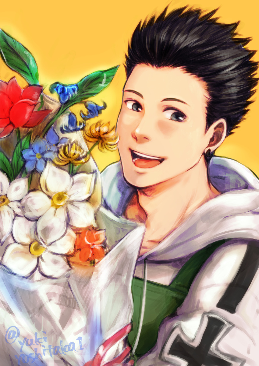 1boy, :d, absurdres, apron, black_eyes, black_hair, bouquet, commentary_request