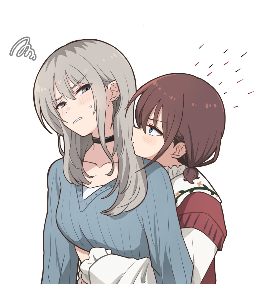 2girls, black_choker, blue_eyes, blue_sweater, blush, brown_hair, choker, commentary_request