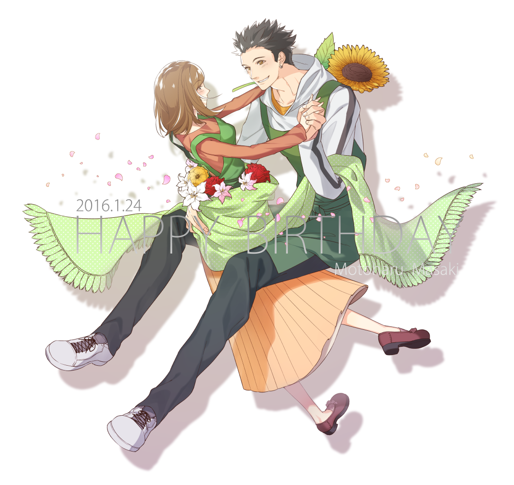 1boy, 1girl, apron, bad_proportions, black_pants, brown_eyes, brown_hair, brown_shoes, character_name, commentary_request, dated, earrings, eye_contact, flower, green_apron, guruuu, happy_birthday, hetero, holding_hands, jewelry, long_skirt, long_sleeves, looking_at_another, masaki_motoharu, pants, protagonist_(tokimemo_gs2), shirt, shoes, skirt, smile, sunflower, tokimeki_memorial, tokimeki_memorial_girl's_side, tokimeki_memorial_girl's_side_2nd_kiss, white_background, white_shirt