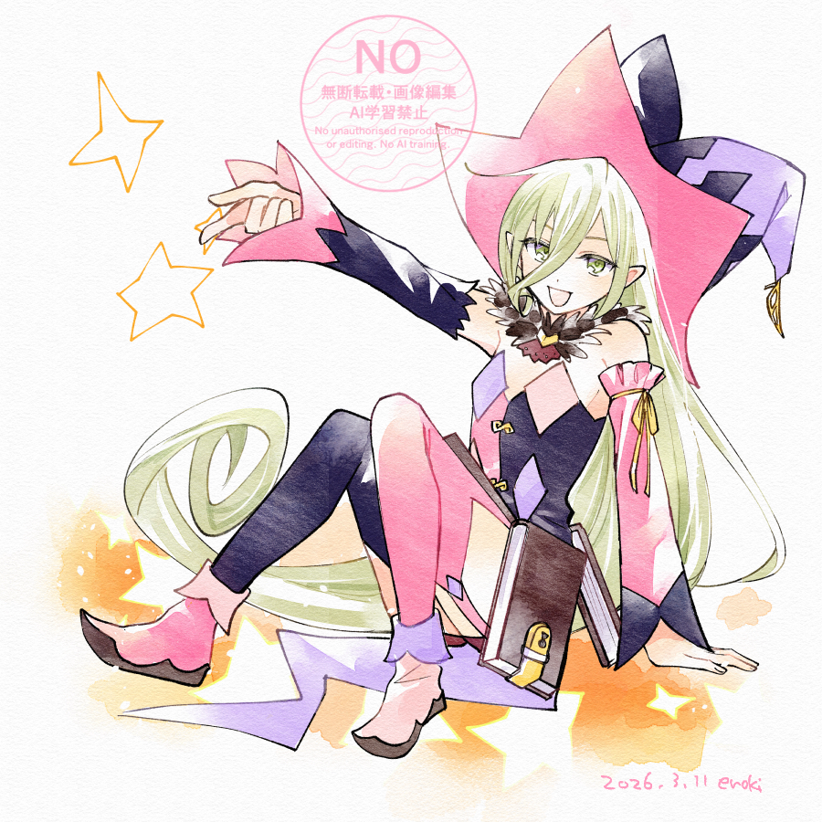 1girl, artist_name, asymmetrical_legwear, asymmetrical_sleeves, black_sleeves, black_thighhighs, blonde_hair, book, commentary, dated, detached_sleeves, enoki_(megaclam), flat_chest, full_body, green_eyes, hair_between_eyes, hat, jester, jester_cap, lock, long_hair, looking_at_viewer, magilou_(tales), mismatched_legwear, mismatched_sleeves, multicolored_hat, multicolored_sleeves, pink_sleeves, pink_thighhighs, pointy_ears, sitting, smile, solo, star_(symbol), tales_of_(series), tales_of_berseria, thigh-highs, very_long_hair, white_background, witch_hat