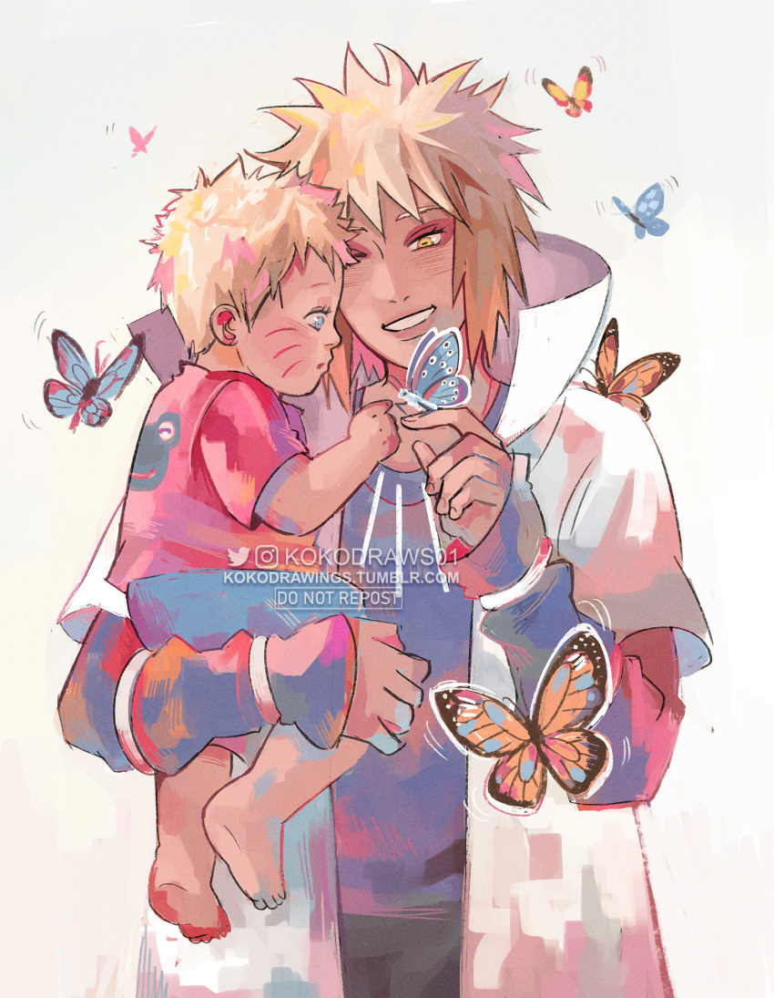alternate_universe, baby, blonde_hair, blue_eyes, bug, butterfly, commentary, curious
