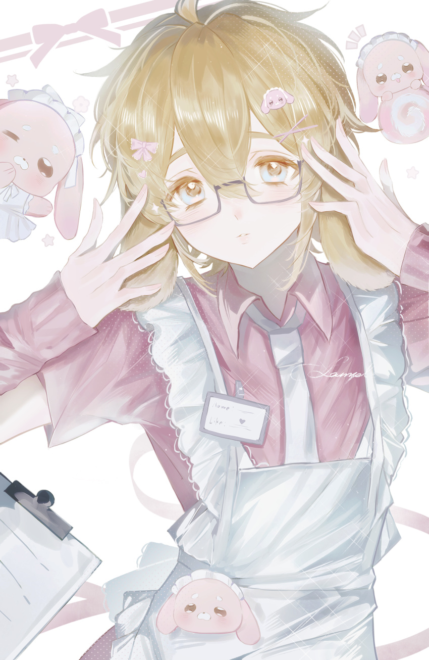 1boy, absurdres, adjusting_eyewear, ahoge, alternate_costume, animal, animal_ears, aotu_world, apron, bespectacled, blonde_hair, blue_eyes, blush, bow, chinese_commentary, clipboard, collared_dress, collared_shirt, crossdressing, crossdressing_(mtf), detached_sleeves, dress, food, frilled_apron, frills, glasses, hair_between_eyes, hair_bow, hair_ornament, hairclip, hands_up, highres, kemonomimi_mode, king_(aotu_world), looking_at_viewer, maid, maid_apron, maid_headdress, male_focus, name_tag, necktie, pale_skin, parted_lips, pastel_colors, pen, pink_bow, pink_dress, plutoray, rabbit, rabbit_boy, rabbit_ears, shirt, short_hair, short_sleeves, solo, sparkle, star_(symbol), trap, upper_body, white_apron, white_background, white_necktie