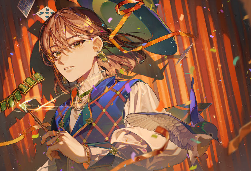 1boy, absurdres, ahoi, bird, brown_eyes, card, club_(shape), confetti