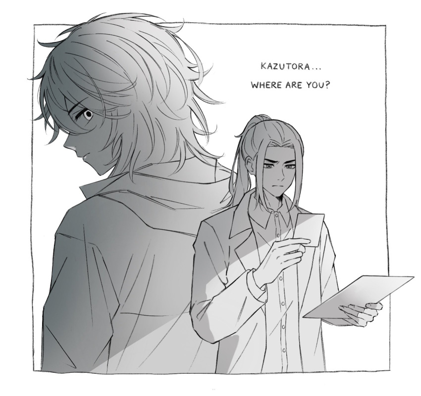 2boys, baji_keisuke, bajitorara, collared_shirt, commentary, english_text, hanemiya_kazutora, highres, holding, holding_paper, holding_photo, hood, hoodie, long_hair, long_sleeves, male_focus, monochrome, multicolored_hair, multiple_boys, paper, photo_(object), shirt, simple_background, tokyo_revengers, tokyo_revengers_unlimited, two-tone_hair, untranslatable_commentary, upper_body