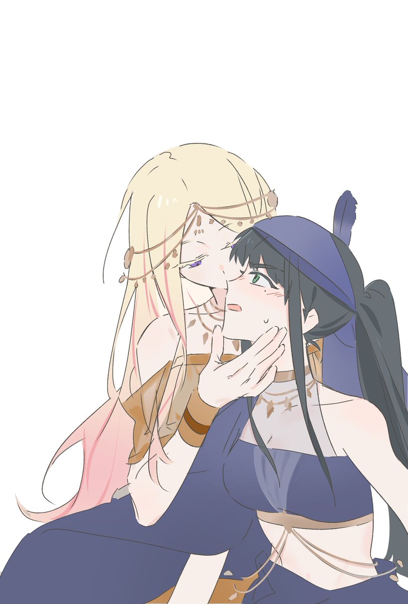 2girls, amaya_tsubame, black_hair, blonde_hair, blush, chain, colored_eyelashes, commentary_request