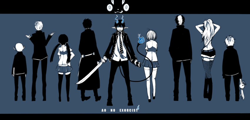 black_hair, black_legwear, blacky, blue_eyes, book, fishnets, highres, kamiki_izumo, kirigakure_shura, kuro_(ao_no_exorcist), lineup, miwa_konekomaru, moriyama_shiemi, multicolored_hair, necktie, okumura_rin, okumura_yukio, pointy_ears, school_uniform, shima_renzou, short_shorts, shorts, striped, striped_necktie, stuffed_animal, stuffed_toy, suguro_ryuuji, sword, takara_(ao_no_exorcist), thighhighs, twintails, utm, weapon, white_legwear