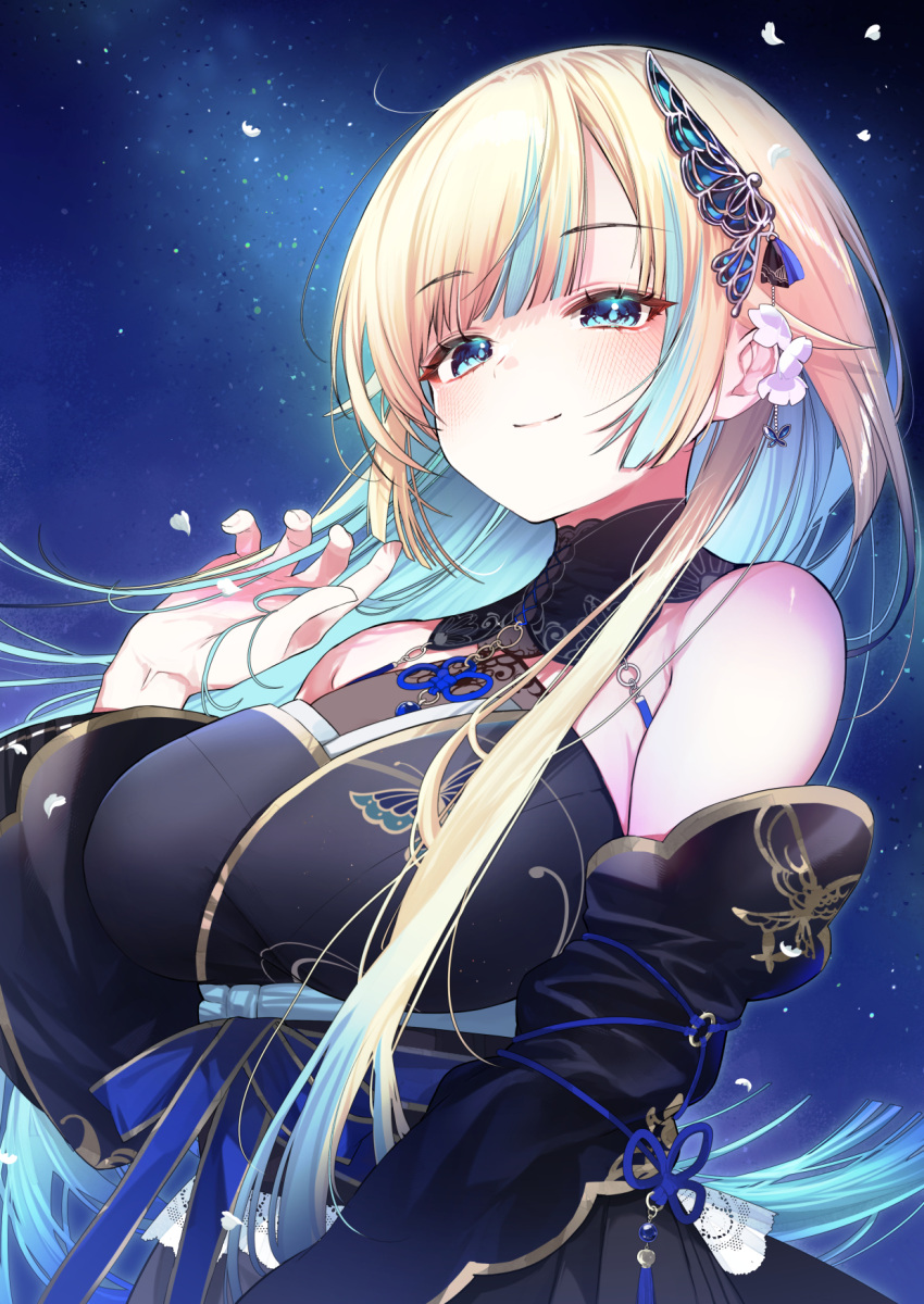 1girl, aizawa_ema, aizawa_ema_(5th_costume), aqua_hair, black_kimono, black_sleeves, blonde_hair, blue_eyes